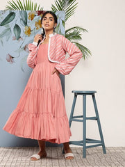 Pink Striped Layered Ethnic Midi Dress - Inddus.com
