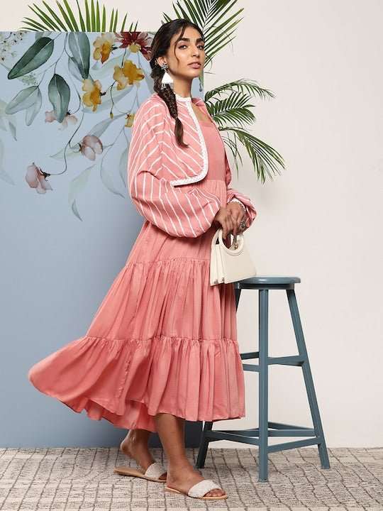 Pink Striped Layered Ethnic Midi Dress - Inddus.com
