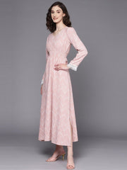 Pink & White Chevron Printed Maxi Dress - Inddus.com