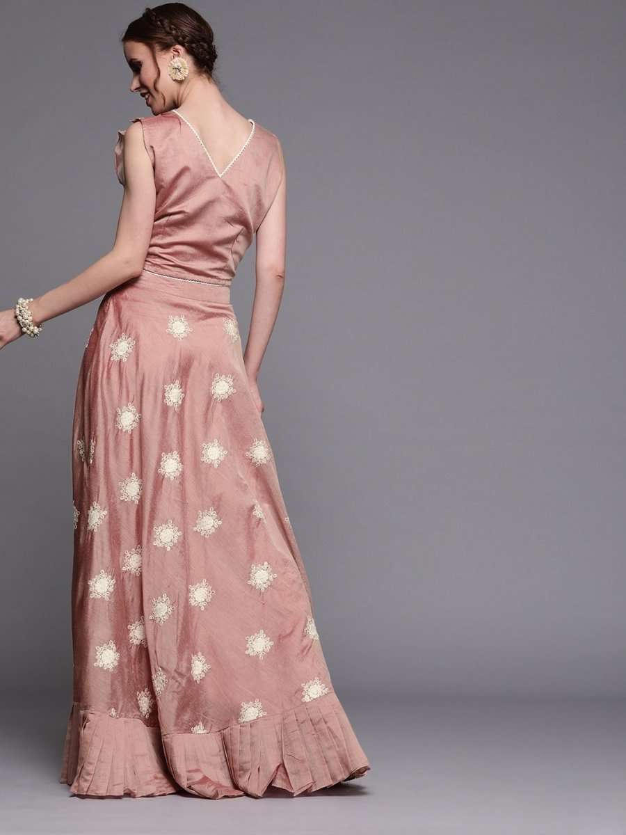 Pink & White Embroidered Chanderi Cotton Ready to Wear Lehenga with Blouse - inddus-us