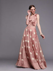 Pink & White Embroidered Chanderi Cotton Ready to Wear Lehenga with Blouse - inddus-us