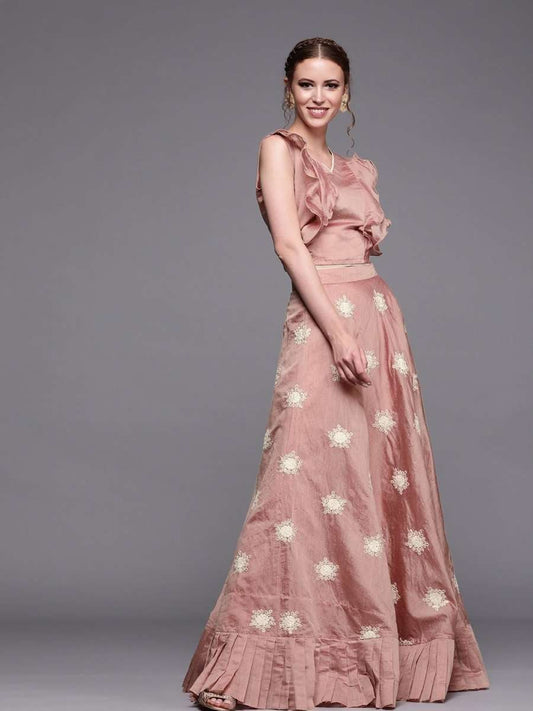 Pink & White Embroidered Chanderi Cotton Ready to Wear Lehenga with Blouse - inddus-us