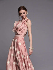 Pink & White Embroidered Chanderi Cotton Ready to Wear Lehenga with Blouse - inddus-us