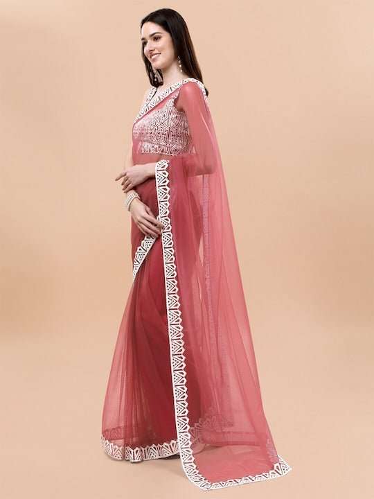 Pink & White Embroidered Net Saree - Inddus.com