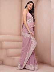 Pink & White Floral Sequinned Poly Georgette Saree - Inddus.com
