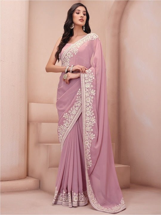 Pink & White Floral Sequinned Poly Georgette Saree - Inddus.com