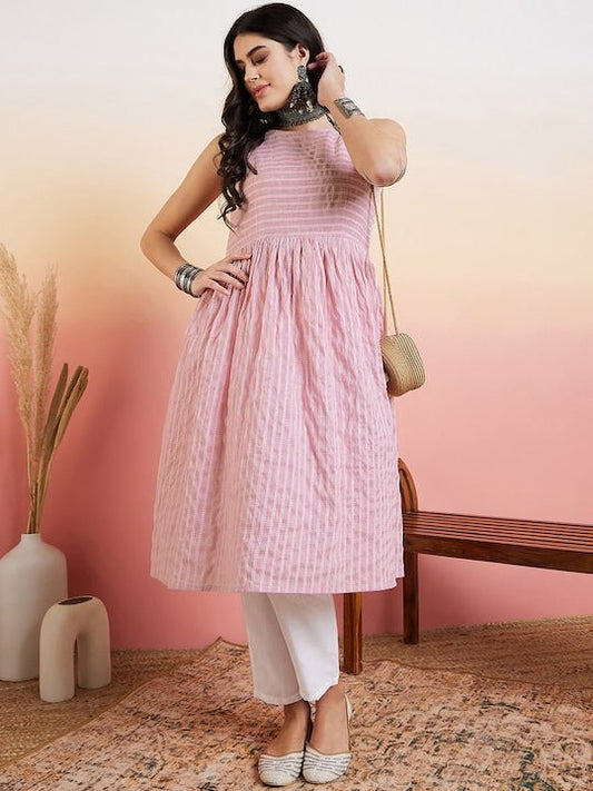 Pink & white Striped A-Line Kurta with Trousers - Inddus.com