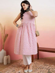 Pink & white Striped A-Line Kurta with Trousers - Inddus.com