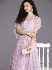 Pink & White Striped Chiffon Ethnic Kaftan Midi Dress - Inddus.com