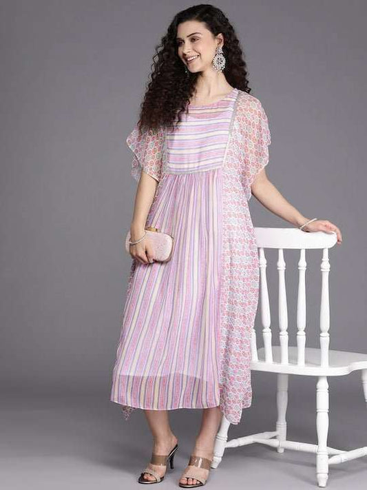 Pink & White Striped Chiffon Ethnic Kaftan Midi Dress - Inddus.com