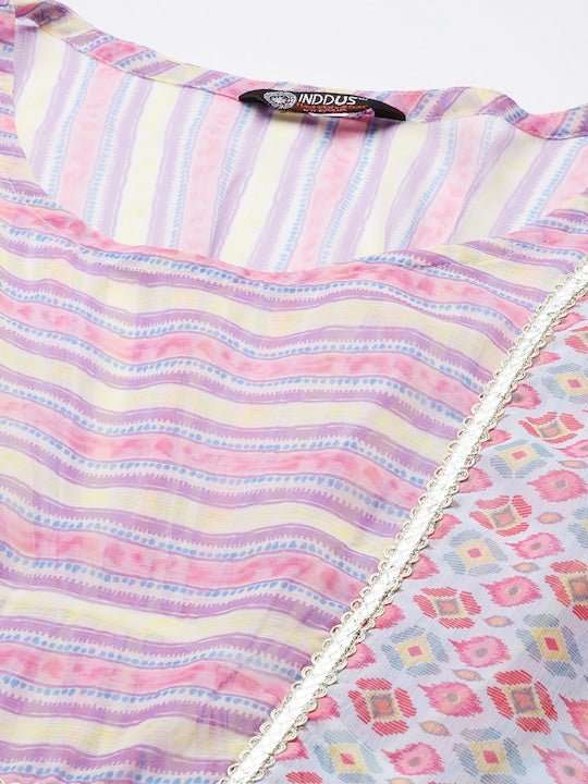 Pink & White Striped Chiffon Ethnic Kaftan Midi Dress - Inddus.com