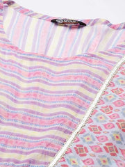 Pink & White Striped Chiffon Ethnic Kaftan Midi Dress - Inddus.com