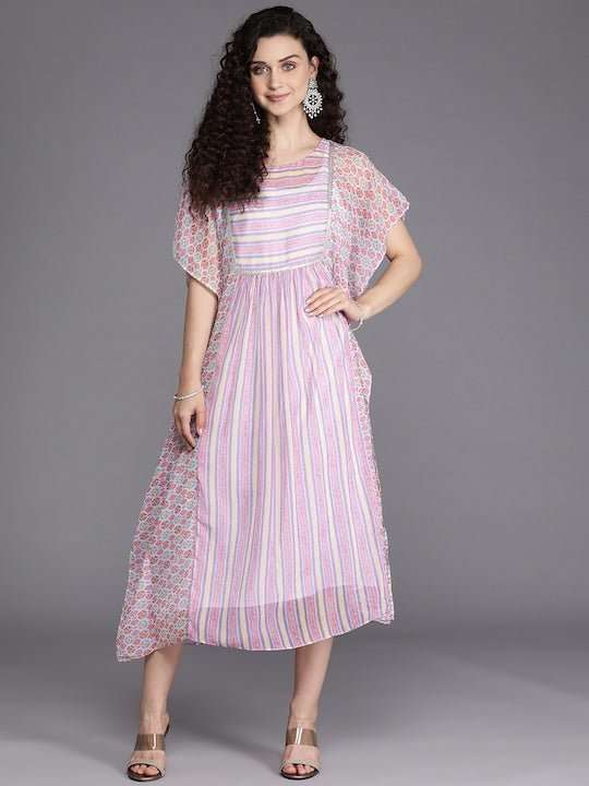 Pink & White Striped Chiffon Ethnic Kaftan Midi Dress - Inddus.com