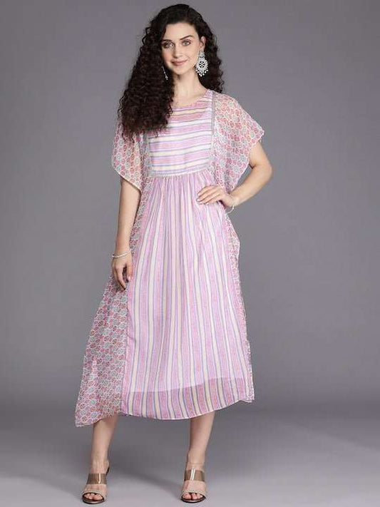 Pink & White Striped Chiffon Ethnic Kaftan Midi Dress - Inddus.com