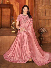 Pink Women Embellished Sequinned Embroidered Satin Saree - Inddus.com