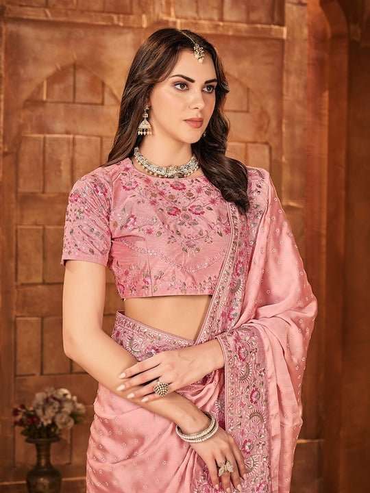 Pink Women Embellished Sequinned Embroidered Satin Saree - Inddus.com