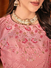 Pink Women Embellished Sequinned Embroidered Satin Saree - Inddus.com