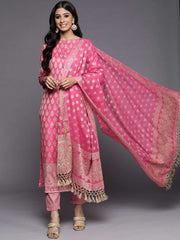Pink Woven Design Banarasi Cotton Unstitched Dress Material - Inddus.com