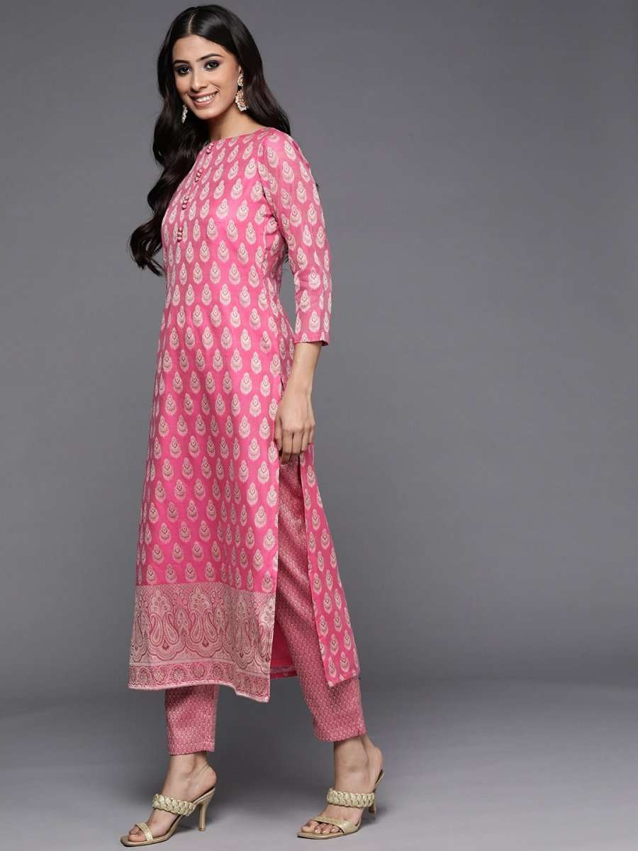 Pink Woven Design Banarasi Cotton Unstitched Dress Material - Inddus.com