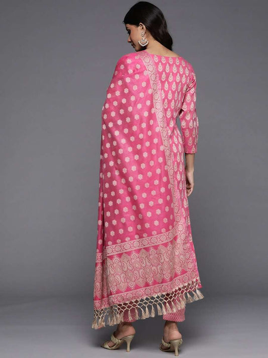 Pink Woven Design Banarasi Cotton Unstitched Dress Material - Inddus.com