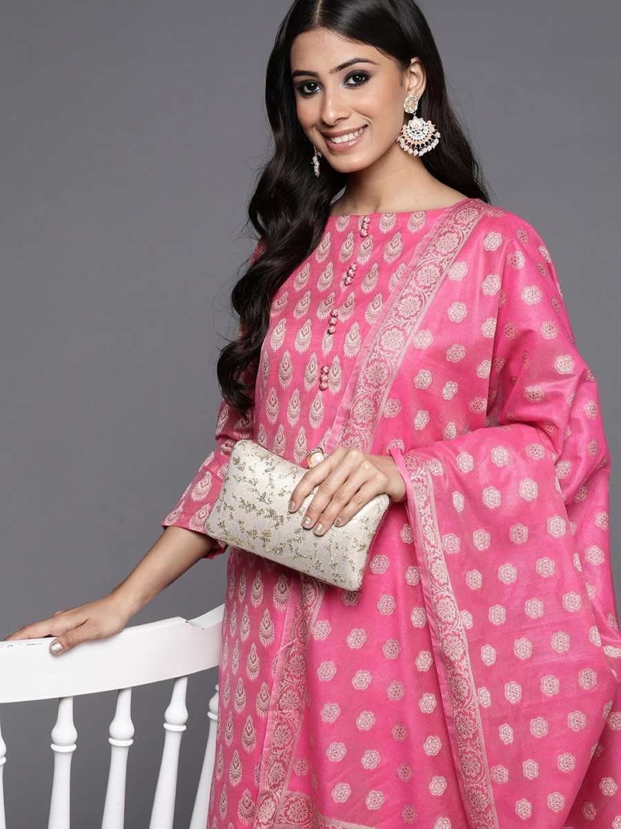 Pink Woven Design Banarasi Cotton Unstitched Dress Material - Inddus.com