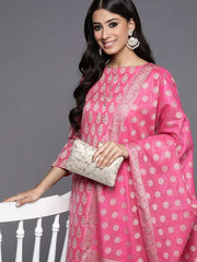 Pink Woven Design Banarasi Cotton Unstitched Dress Material - Inddus.com