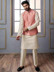Pink Woven-Design Mandarin Collar Nehru Jacket - Inddus.com