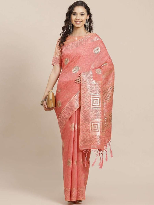 Pink Woven Embellished Saree - inddus-us