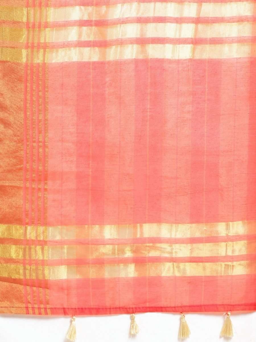 Pink & Yellow Cotton Blend Checked Saree - inddus-us