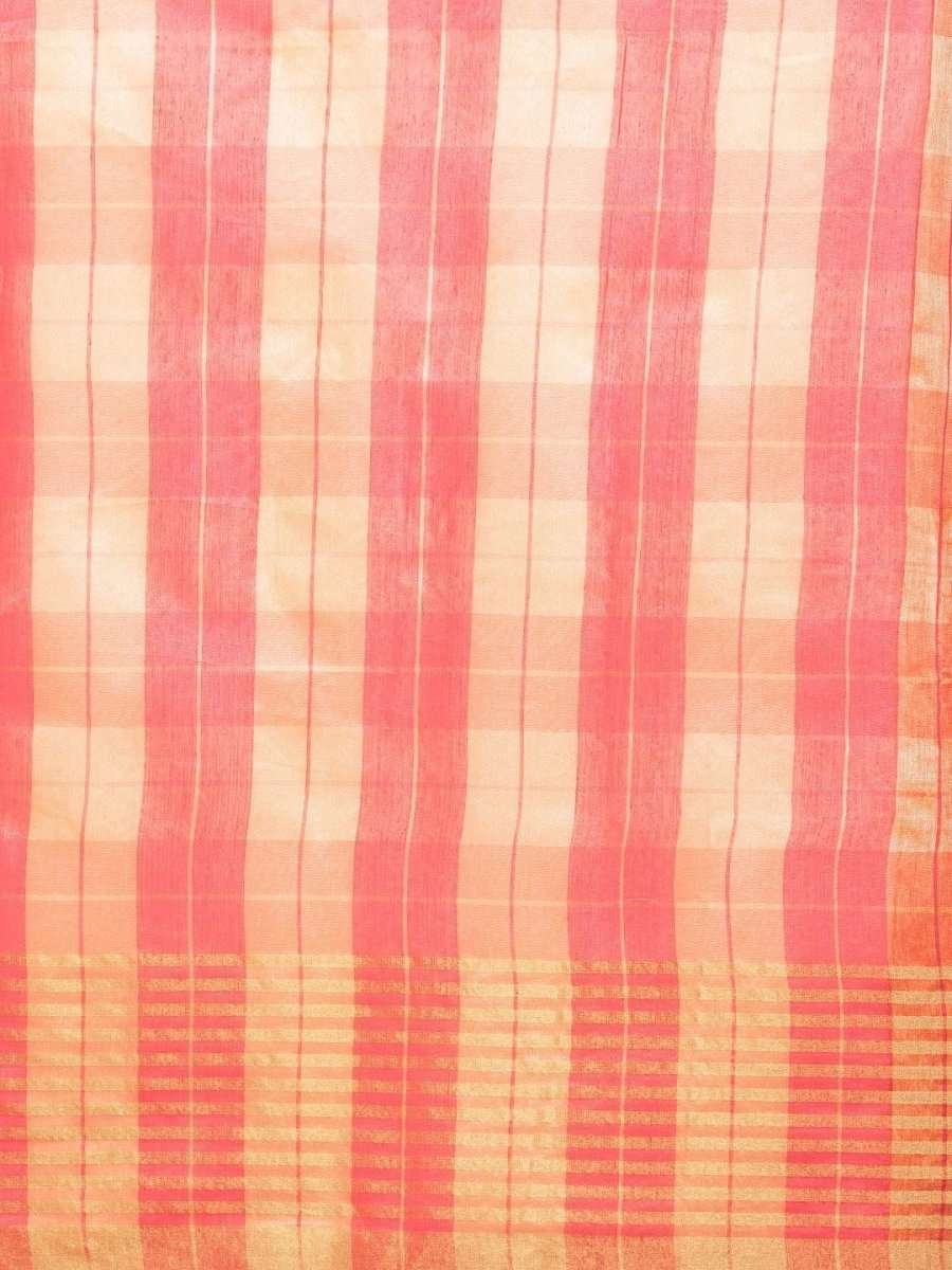 Pink & Yellow Cotton Blend Checked Saree - inddus-us