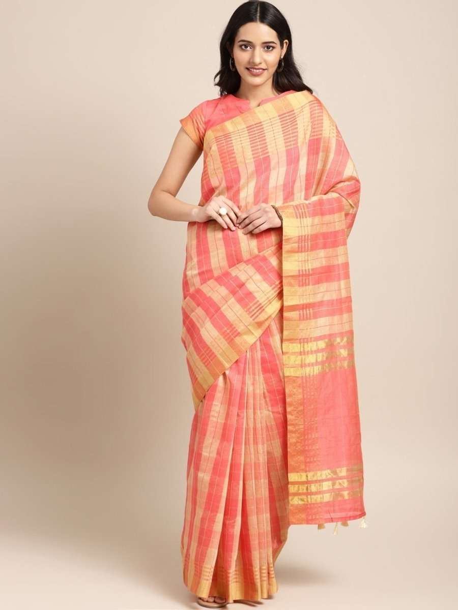 Pink & Yellow Cotton Blend Checked Saree - inddus-us