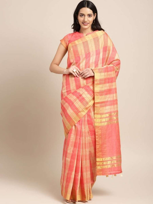 Pink & Yellow Cotton Blend Checked Saree - inddus-us