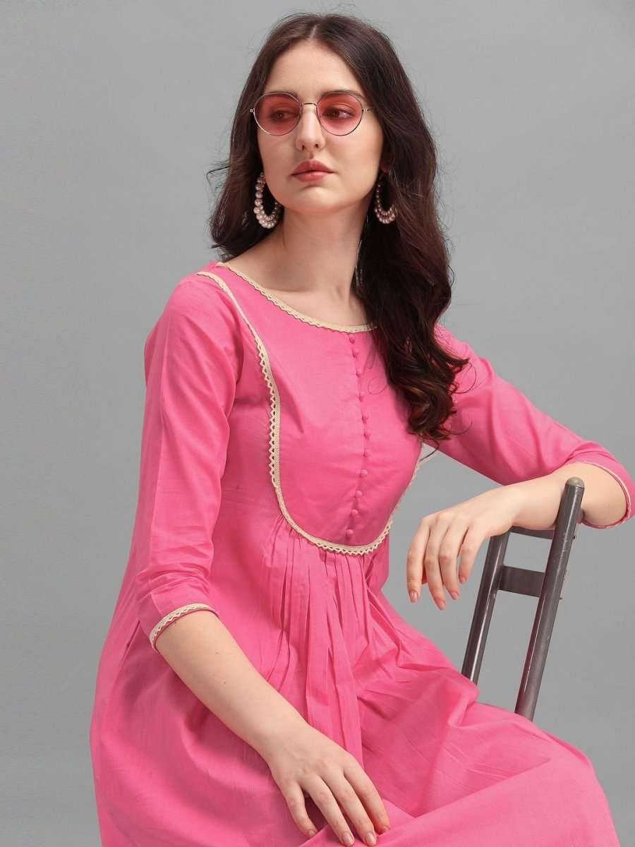 Pink Yoke Laced Kurta - Inddus.com