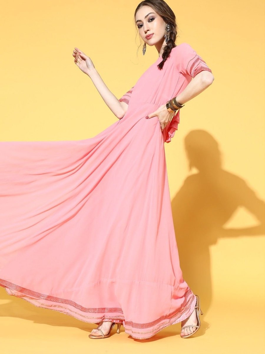 Pink Yoke TieUp Kaftan Kurta - inddus-us