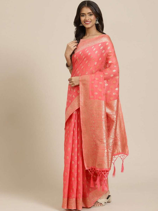 Pink Zari Woven Banarasi Saree - Inddus.com