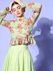 Pista Green Floral Printed Ruffled Co-Ords - Inddus.com