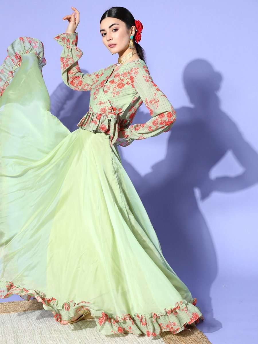 Pista Green Floral Printed Ruffled Co-Ords - Inddus.com