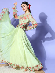 Pista Green Floral Printed Ruffled Co-Ords - Inddus.com