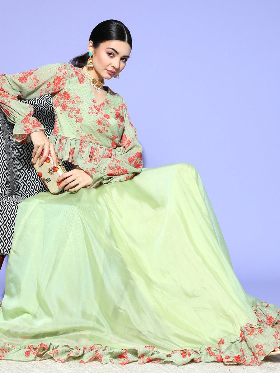 Pista Green Floral Printed Ruffled Co-Ords - Inddus.com