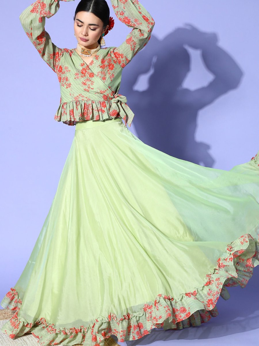 Pista Green Floral Printed Ruffled Co-Ords - Inddus.com