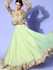 Pista Green Floral Printed Ruffled Co-Ords - Inddus.com