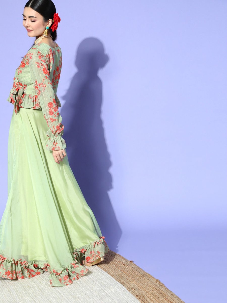 Pista Green Floral Printed Ruffled Co-Ords - Inddus.com