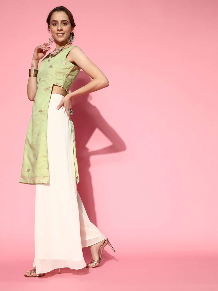 Pista Green Paisley Woven Kurta with Palazzo and Net Dupatta - Inddus.com