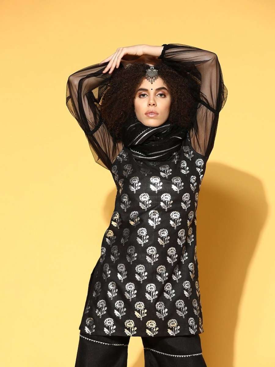 pleasing black cotton blend printed kurta set