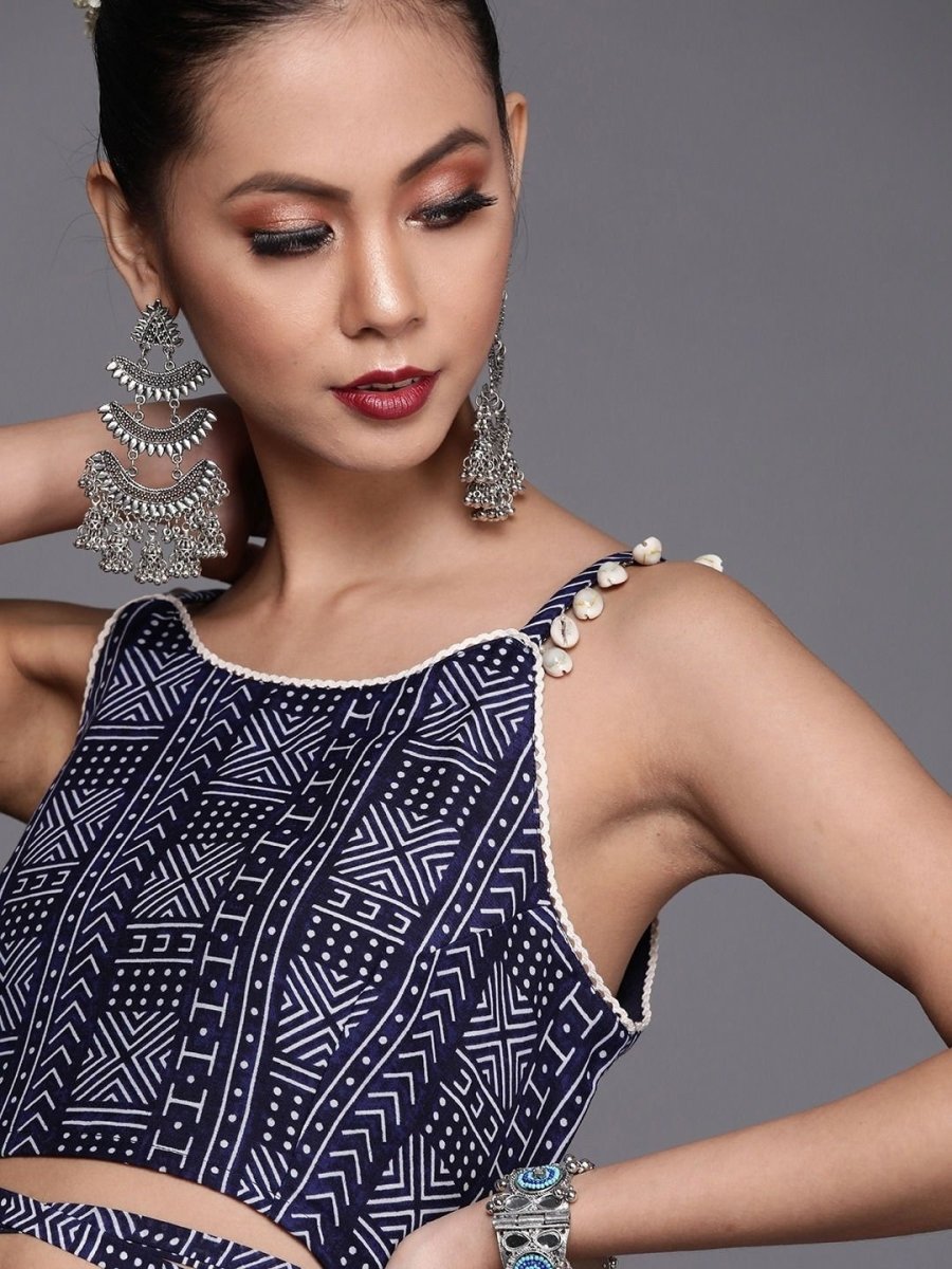 Pleasing Navy Blue Cotton Blend Printed Crop Top - inddus-us