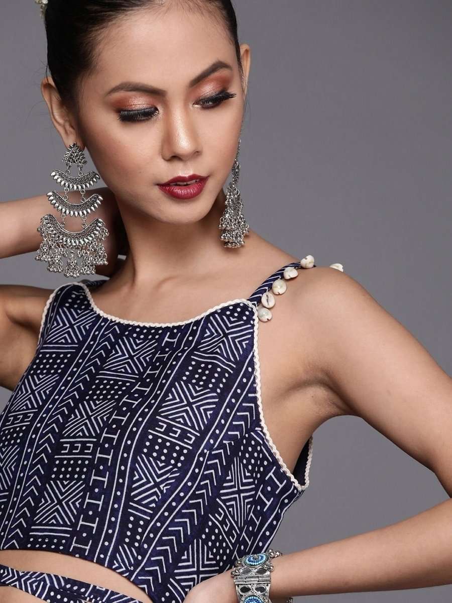 Pleasing Navy Blue Cotton Blend Printed Crop Top - inddus-us