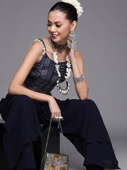 Pleasing Navy Blue Cotton Blend Printed Crop Top - inddus-us