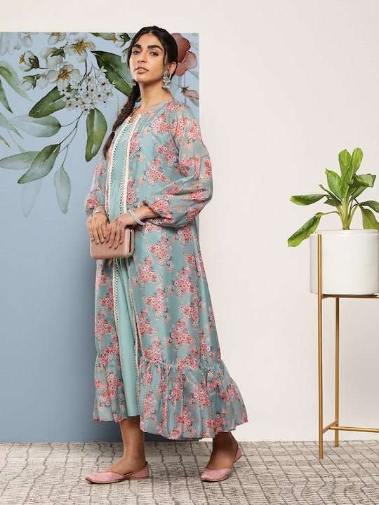 Pleated Fit & Flare Ethnic Maxi Dress - Inddus.com