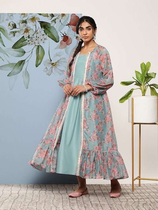 Pleated Fit & Flare Ethnic Maxi Dress - Inddus.com
