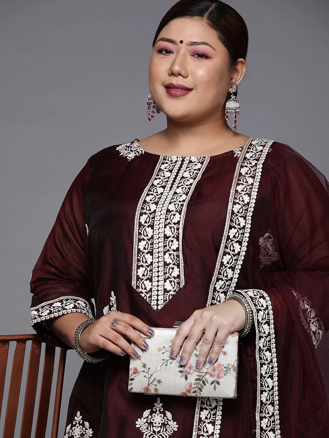 Plus Size Burgundy & White Embroidered Straight Kurta with Trousers Dupatta - Inddus.com